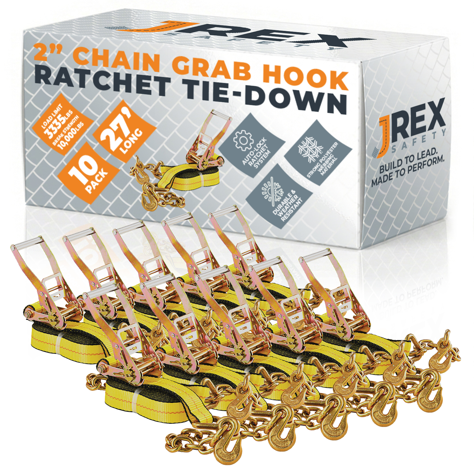 10 Pack HD Ratchet Straps with Chain Grab Hooks - Yellow 2" x 27' Tie Downs